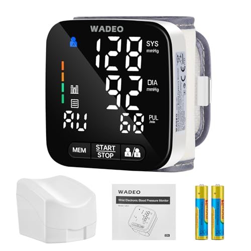 WADEO Tensiómetro digital de muñeca con pantalla LCD, tensiómetro portátil para el hogar o de viaje, medición precisa, 5 idiomas, memoria de 2 x 99, con batería
