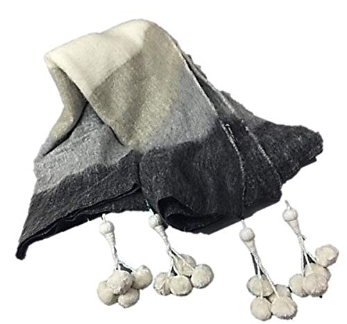 AllAsta Throw Blanket Pom Poms Ivory Fringe Tassles Wooly Fleecy Plush Medium Weight Luxury Home Decor Chair Couch Gray Striped Shades 90" by 64"