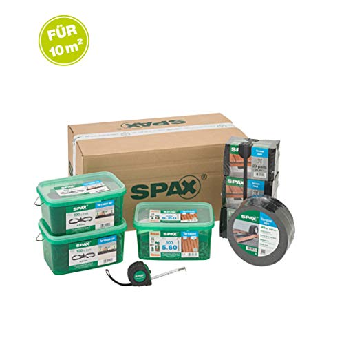 SPAX Terrassenbau-Set, komplettes Montageset – Größe bis ca. 10qm, Terrassenschrauben Edelstahl A2, Abstandshalter, Bit, Stufenbohrer, Fugenlehre, Tape, Pads & Maßband – 5000009100039