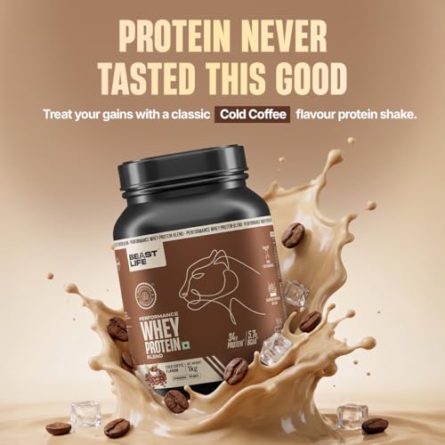 Image of BeastLife Performance Whey Protein Blend | 34g Protein | 5.7g BCAA | 1Kg | Cold Coffee | Muscle Growth & Recovery | Easy to Digest with Ultrasorb Tech | Smooth & Easy to Mix | Contains Whey Protein Concentrate & Yeast Protein