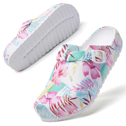 Image of Eliogn Women's Garden Clogs with Print, Waterproof Slip Resistant Work Clogs, Lightweight EVA Slip-On Mules, Cushioned Comfortable Shoes for Nurse, Chef, Kitchen, Beach