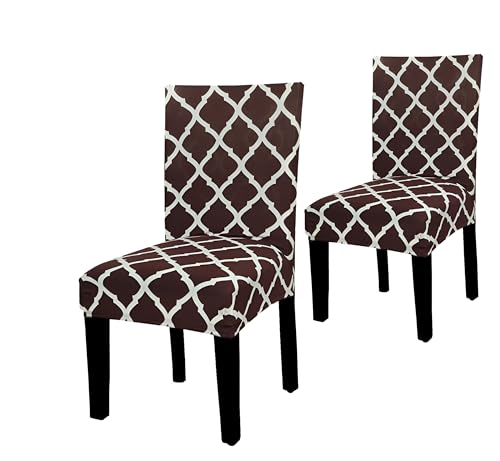 Image of Dining Chair Covers Set of 2, Stretchable Removable Washable Anti-Slip Universal Fit Printed Polyester Spandex Slipcovers (Brown Diamond)