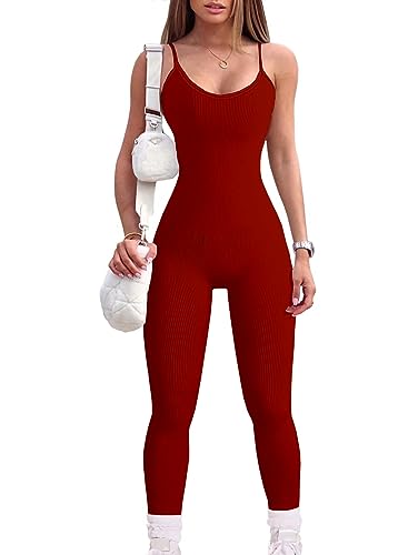 YIOIOIO Women Workout Jumpsuit Yoga Ribbed Spaghetti Strap Leggings Romper