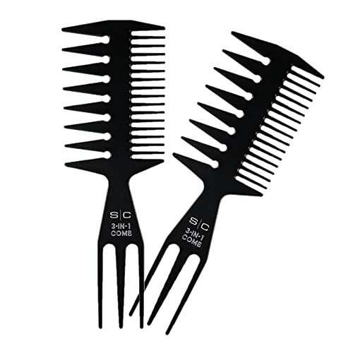 StyleCraft 3-in-1 Professional Wide Tooth Texturing Fish Comb Pack of 2, Detangle, Wave, Tease and Style Hair, BlackÉ