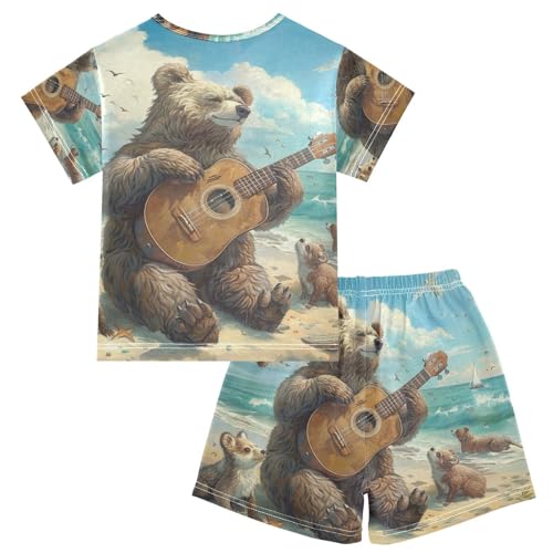 ALAZA Bear Play Music on The Summer Beach Pajama Set Short Sleeve Sleepwear Soft Lounge Nightwear2