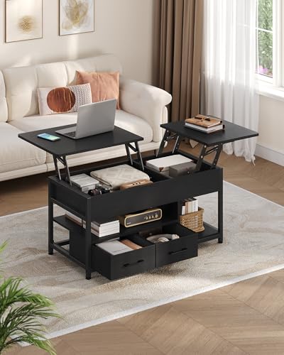 Couchtisch Höhenverstellbar, Couchtisch mit Stauraum, 2 Schubladen, Wohnzimmertisch, Versteckte Fächer, Kaffeetisch, Offenes Fach, für Wohnzimmer, Büro, Schwarz