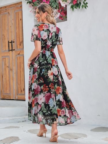 Image of Simplee Women's Boho Floral Maxi Dress Flowy Casual V Neck Short Sleeve Wedding Guest Holiday Beach Long Dress