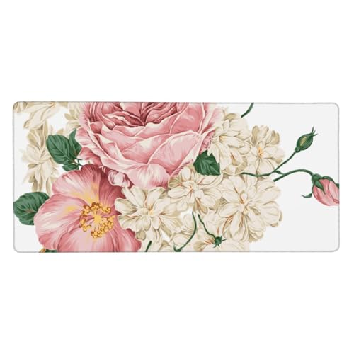 Tapis de souris grand format d'excellence blanc floral vintage 40 x 90 cm avec base caoutchouc