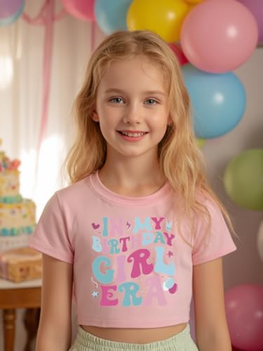Image of Little Girls Short Sleeve Crop Top Birthday Tshirts Cute Prints for Teen Girls Summer T-Shirt 6-14Years