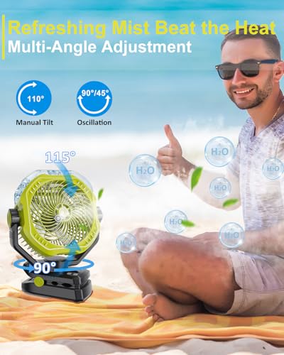 Image of Portable Rechargeable Misting Fan with 12oz Mist, Battery Life Display, Remote, Timer, Light, 5 Speeds, 9-Inch, 10000mAh 60H Battery Powered Clip Fan for Stroller, Travel, Outdoor, Poweroutage