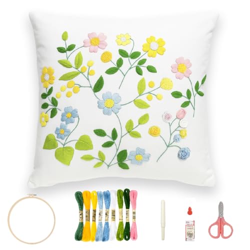 GQKHSS DIY Embroidery Kit Decorative Pillow Cover with Floral Design 18 x 18 Complete Starter Set with Thread and Tools No Pillow Core (Floral)