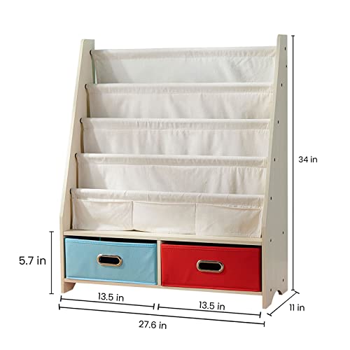 Seirione Kids Book Rack, 4 Sling Bookshelf, 2 Storage Boxes And Toys Organizer Shelves, Beige #TOP1
