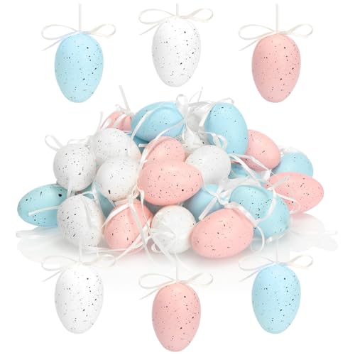 com-four® 36x handbemalte Ostereier zum Aufhängen 6 x 4 cm - pastellfarbene Osterdeko im Wachtelei-Design - Deko-Ostereier zum Aufhängen aus Kunststoff - Hängedeko (36 Stück - blau/weiß/rosa)