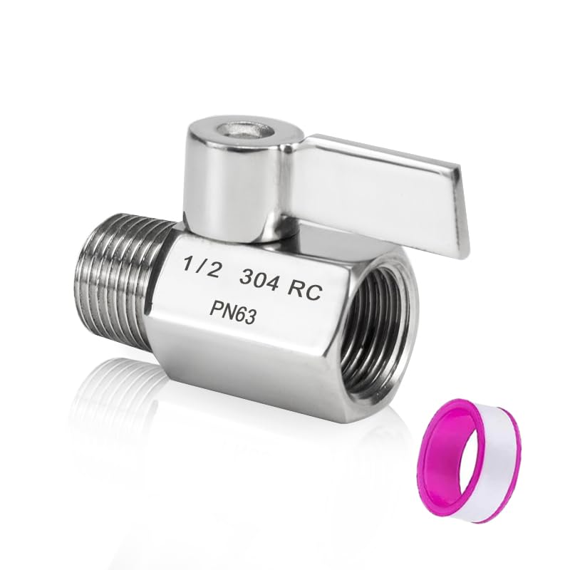 YUIEE Water Flow Control Valve,Shower Head Shut Off Valve,1/2" NPT Mini Ball Valve,304 Stainless Steel Shower Control Valve,Shower Flow Restrictor Shower Timer Shut Off with Handle Lever, Teflon Tape