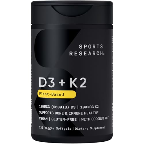 Sports Research Vitamin D3 K2 with 5000iu of Vegan D3 & 100mcg of Vitamin K2 as MK7 | Non-GMO Verified, Vegan Certified, Gluten & Soy Free - 60 Liquid Softgels