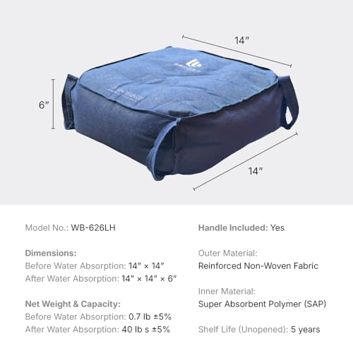 WEIBAO Square Tech Sandbag with Handles - 5 Pack (14" x 14"), Dark Blue | WB-626LH-A | Water-Activated Flood Barriers, Sandless Sandbags, Absorbent Water Blocker by WEIBAO FLOOD GUARD SERIES - Image 6