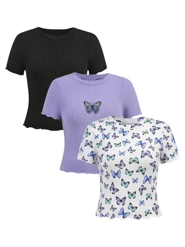 SweatyRocks Girl's 3 Pack T Shirts Butterfly Graphic Short Sleeve Crew Neck Ribbed Knit Summer Tops