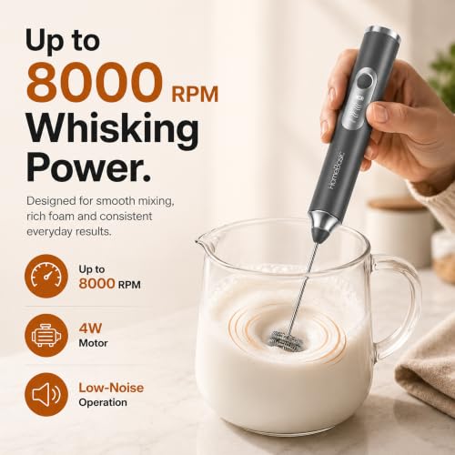 Image of HOMEBASIC Coffee Frother Electric Handheld, 3-Speed Milk Frother Rechargeable with Dual 304 SS Whisks, 8000 RPM Foam Maker for Latte, Cappuccino, Matcha, Eggs | Whisk Wave (Grey)