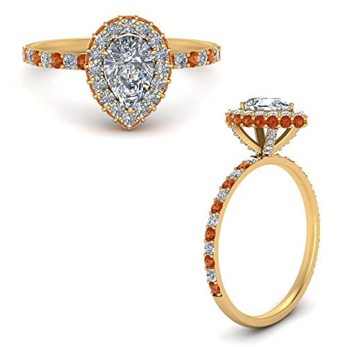 Image of Choose Your Gemstone Pave Rollover Pear Halo Engagement Ring Yellow Gold Plated Pear Shape Halo Engagement Rings Matching Jewelry Wedding Jewelry Easy to Wear Gifts US Size 4 to 12