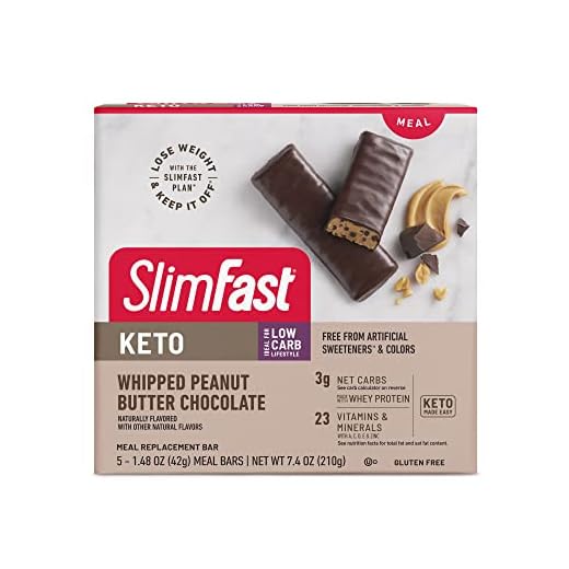 SlimFast Low Carb Meal Replacement Whey Protein Bar, Keto Friendly Chocolate Snacks for Weight Loss with 7g Protein, Whipped Peanut Butter Chocolate, 5 Count Box (Packaging May Vary)