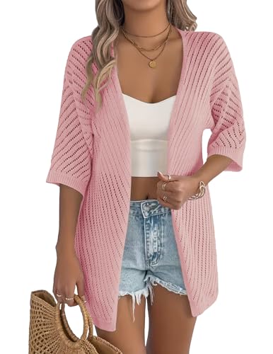 Image of Zeagoo Lightweight Summer Cardigan for Women Short Sleeve V Neck Crochet Kimonos Loose Open Front Hollow Out Cover Ups