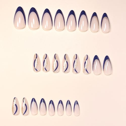 LFLSSTNM Navy Blue French Tip Press on Nails Medium Almond Fake Nails with Glitter Gold Lines Design Nude Glossy Glue on Nail Reusable Full Cover Press ons Acrylic False Nails for Women 24Pcs