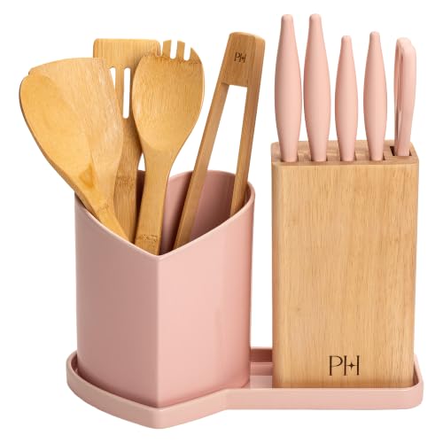 Paris Hilton Kitchen Utensil Set and Knife Set with Knife Block, Bamboo Cooking Utensils, Heart-Shaped Ceramic Crock with Tray, Stainless Steel Blades, Ergonomic Handles, 13-Piece, Pink