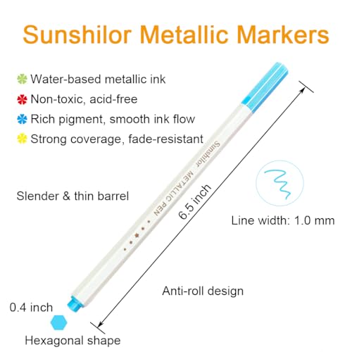 Sunshilor Metallic Markers Paints Pens, Fine Point Metallic Marker Pens for Black Paper, Glass, Rock Painting, Card Making, Set of 12
