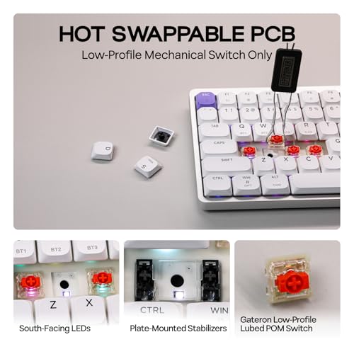 Image of EPOMAKER Luma84 Low Profile Aluminum Mechanical Keyboard, QMK /VIA Programmable, Tri-Mode Wireless, Win /MAC /Linux Compatible, RGB Backlight (White&Purple, Gateron Low-Profile Red Switch)