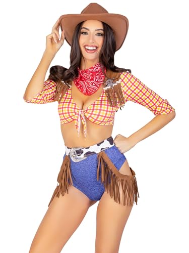 Leg Avenue Womens 5 Pc Playful Cowboy Halloween Costume With Red Bandana, MEDIUM, Multicolor