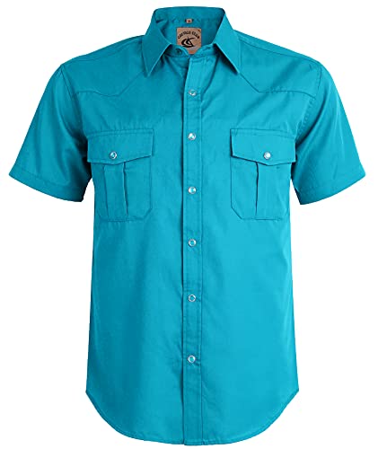 COEVALS CLUB Men's Western Cowboy Short Sleeve Pearl Snap Casual Soild Work Shirts(Barrier Reef #10 L)