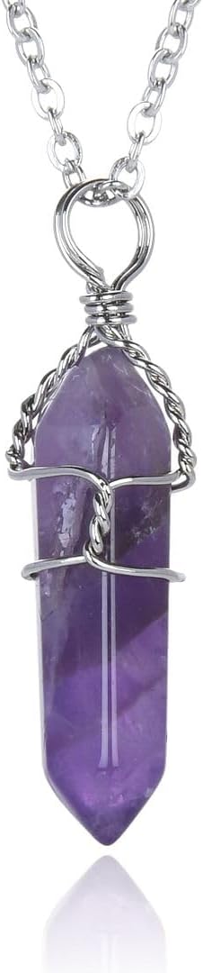 Natural Gemstone Bullet Pendant Necklace Wire Wrapped Healing Crystal Stone Quartz Reiki Chakra Energy Rock 18 Inch Stainless Steel Chain Waterproof Women Jewelry