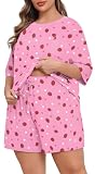 Lastshe Womens Plus Size Pajama Set 2 Piece Soft Short Sleeve with Pockets Shorts Sleepwear Knit Pjs Lounge Set Summer,Pink Strawberry,3X