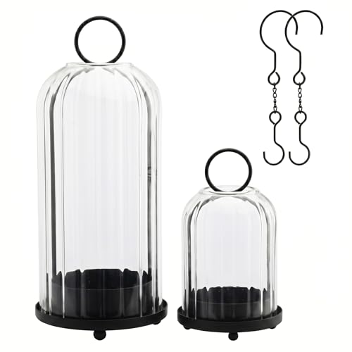 Ganwu 5" & 4" Metal Candle Holder with Ribbed Glass Candle Lanterns Set of 2, Vintage Windproof Hurricane Candle Holders for Pillar Candle, Decorative Table Centerpiece Patio Decor (Black) by Ganwu - Used condition - Image 2