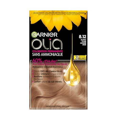 Garnier - Olia - Tinte permanente sin amoniaco, 60% aceites florales naturales, preserva la calidad del cabello, cabello suave y brillante, rubio ceniza iridiscente (8,12), 120 g