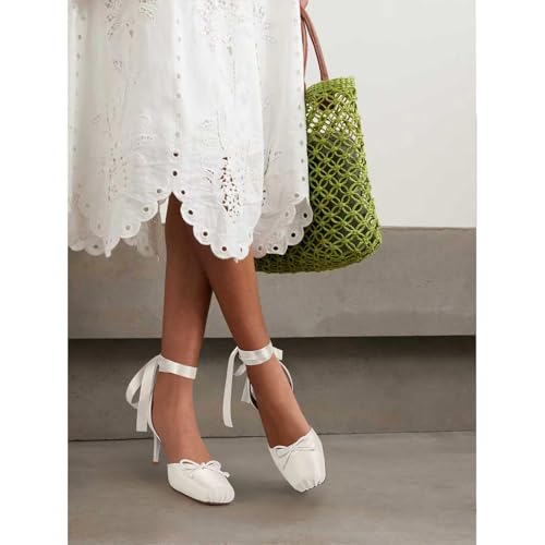 Image of Satin Ballet Heels for Women with Bow Square Toe Ballerina Stiletto Heels Lace Up High Heel Slingback Pumps Strappy Mary Janes Cute Elegant Party Shoes