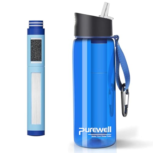Purewell Filtered Water Bottle BPA Free with 5-Stage Integrated Filter Straw for Camping, Hiking,...