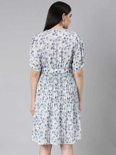 Image of SHOWOFFFF Women Printed Fit and Flare Casual Dress | Sweetheart Neck 3 /4th Sleeves Cotton Dress for Womens | Knee Length Dress for Women's
