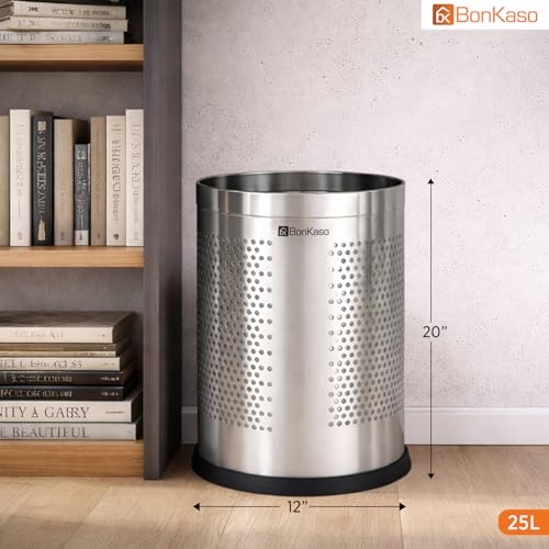 Image of Bonkaso 25L Stainless Steel Perforated Dustbin (12x20 Inch), Open Top Trash Bin Without Lid, Rust Proof & Durable Garbage Can for Home, Kitchen, Bathroom & Office Use, Silver Finish