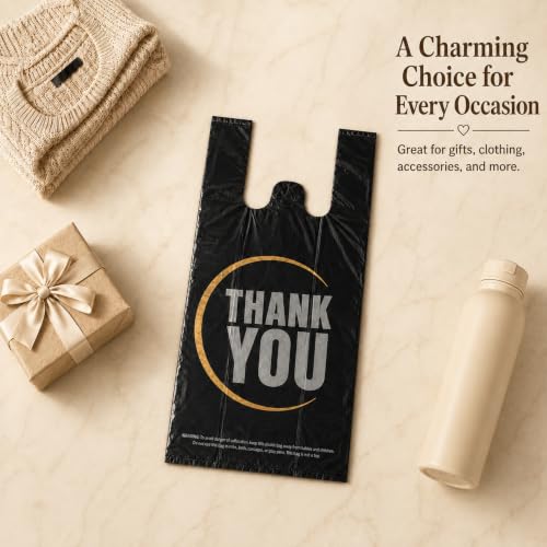 Image of YoYoRain Black Thank you T shirt bag, Grocery shopping bag Reusable and Disposable Supermarket Bag 11''x6''x21'' 300PCS