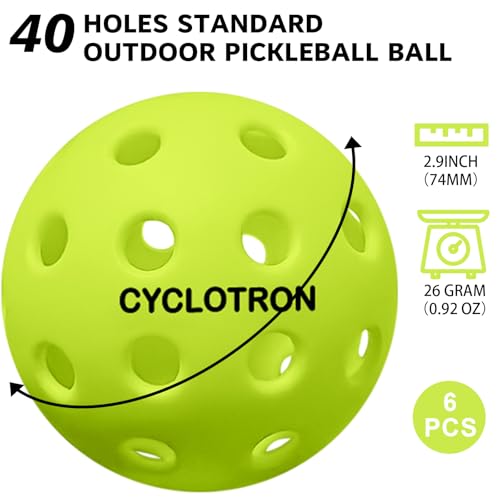 Image of cyclotron 6-Pack Premium Pickleball Balls - USAP Approved, 40 Holes Outdoor /Indoor Pickle Balls with Bag, Perfectly Balanced, High Bounce True Flight, Pickle Ball for Tournament Play