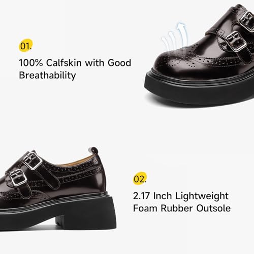 Image of BEAU TODAY Womens Leather Loafers, Monk Strap Womens Loafers, Business Casual Office Shoes, Brogue Wingtip Slip-on Dress Shoes