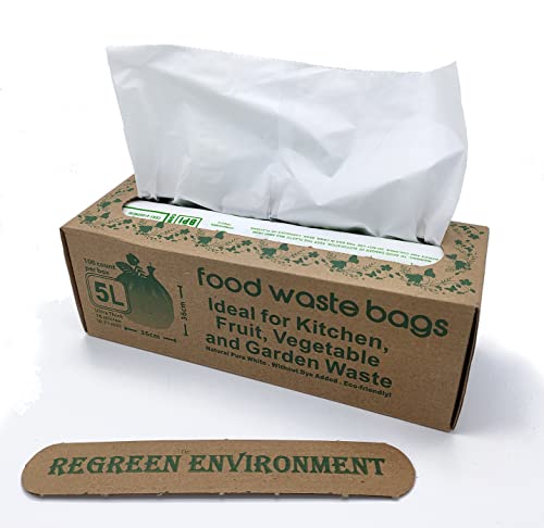 REGREEN 5 Litre Food Waste Bags Compostable Caddy Liners Small Biodegradable Bin Bags 100 Counts per Box White EN13432 Certified Kitchen Bin Liners