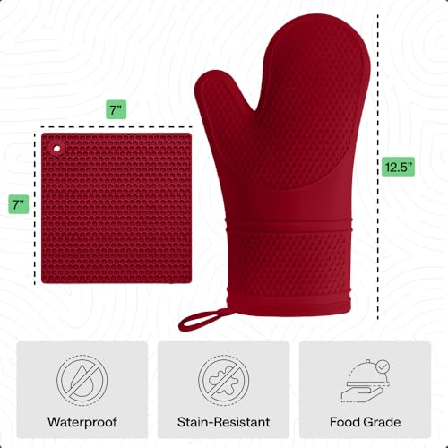 Image of GORILLA GRIP BPA-Free Soft Silicone Oven Mitts and Pot Holders Sets of 4, Heat Resistant Waterproof Cooking Gloves, Thick Cotton Lining, Flexible Gripping for Baking Grilling, Kitchen Trivets, Red