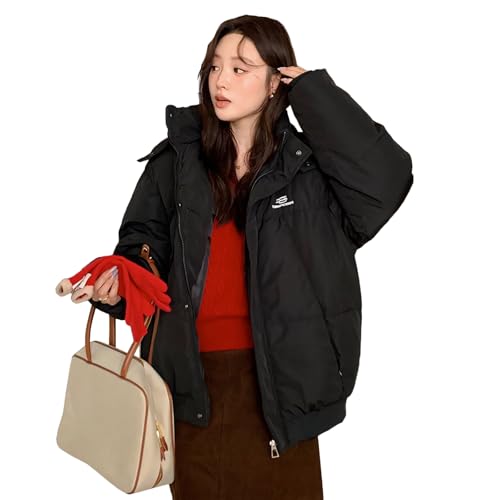 [ｉｎｏｔｅｎｋａ] ダウンジャケット レディース 中綿ジャケット アウター フード付き 厚手 ゆったり ショート丈 防寒 秋冬 暖かい 韓国風 可愛い カジュアル 通勤 通学 (M ブラック)