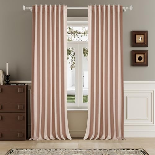 DUALIFE Baby Pink Linen Blackout Curtains 132 Inch Length 2 Panels Set for Living Room Bedroom Back Tab Thermal Insulated 100% Black Out Linen Drapes 11 ft Window Curtains 132 Inches Long