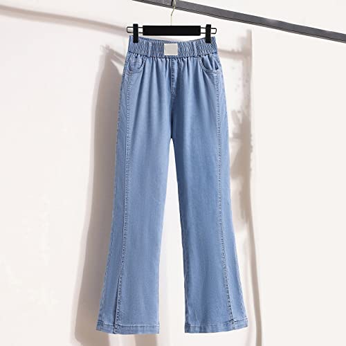 ZLBDYG Calça feminina de perna larga fina de seda gelada plus size emagrecedora jeans rodada, Azul,