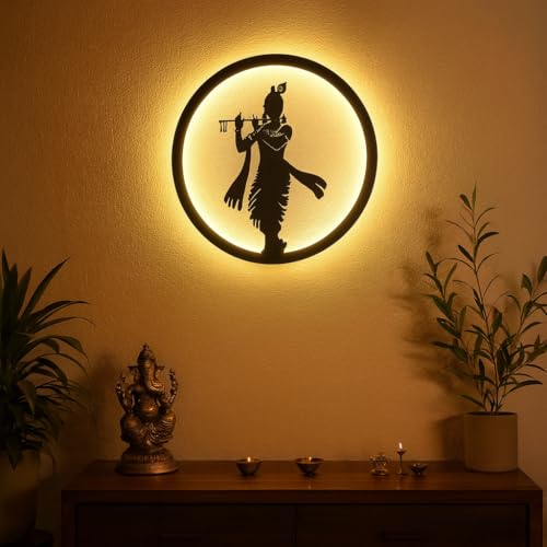 Image of Krishna LED Backlit Wall Lamp | Moon Wall Light & Room Decor Wall Lights for Home Decoration | Wall Lamps for Living Room & Bedroom | No Adapter Required