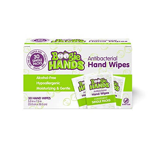 Hand Sanitizer Wipes by Boogie Wipes, Single Packs, Alcohol-Free, Hypoallergenic and Moisturizing Aloe, Boogie Hand Wipes for Adults and Kids, 30 Wipes (Pack of 1)