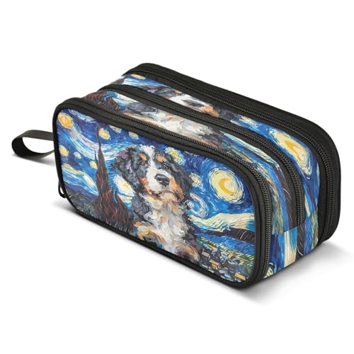 Image of ALAZA Bernedoodle Dog Starry Night Pencil Case for Boys Girls Kids Pencil Pouch 3 Compartment Pen Bag Large Capacity Storage Pencil Holder School Students with Zipper